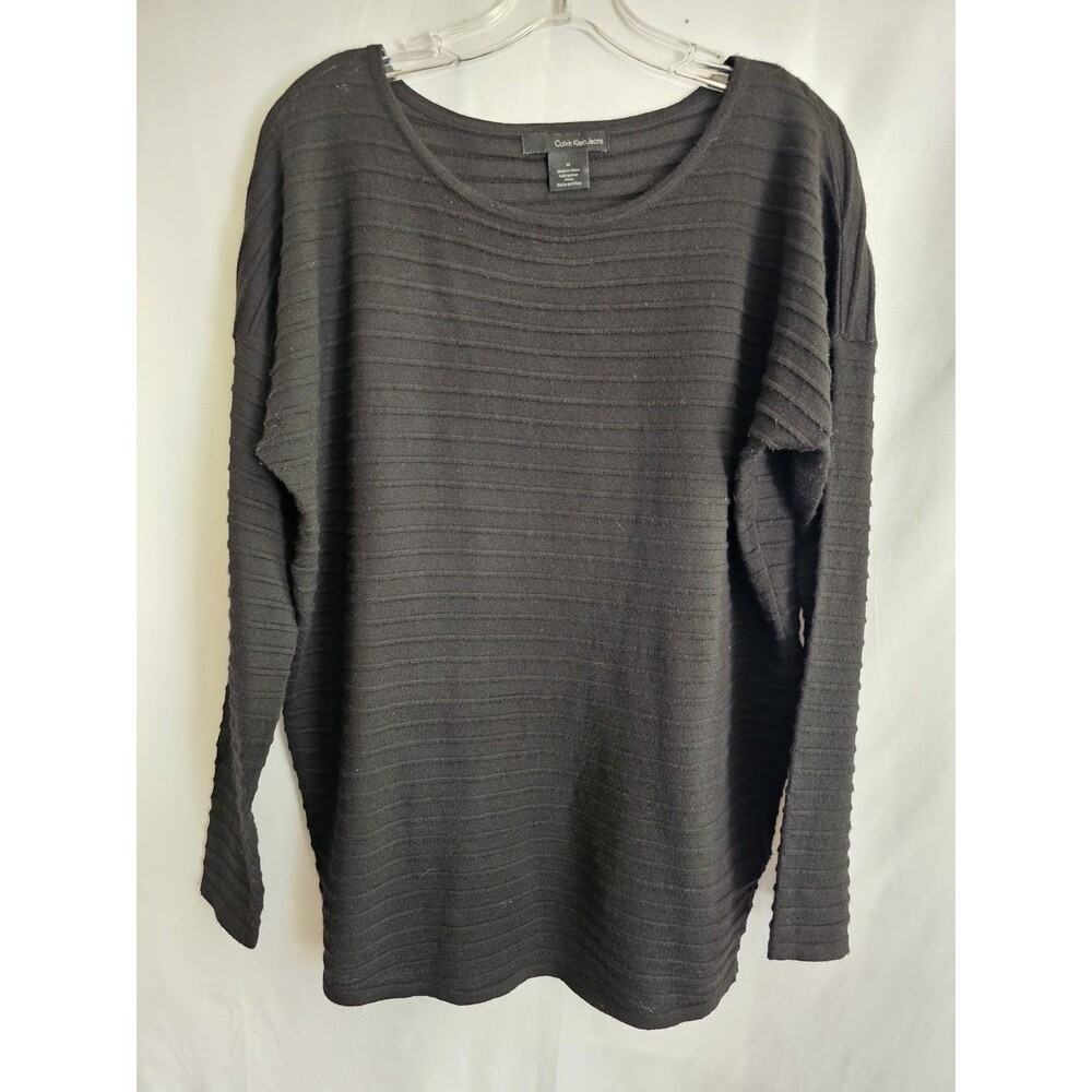 Calvin Klein Jeans Womens Medium Black Ribbed Knit Sweater 50% Wool Long Sleeve